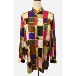 Vtg CHRISTIE & JILL Satin Blouse Shirt Women's L Button LS Mock Multi Colorful